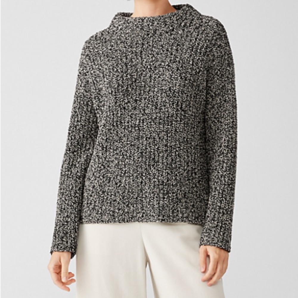 Eileen Fisher Funnel Neck Oversized Slouchy Sweater - Tan and Black